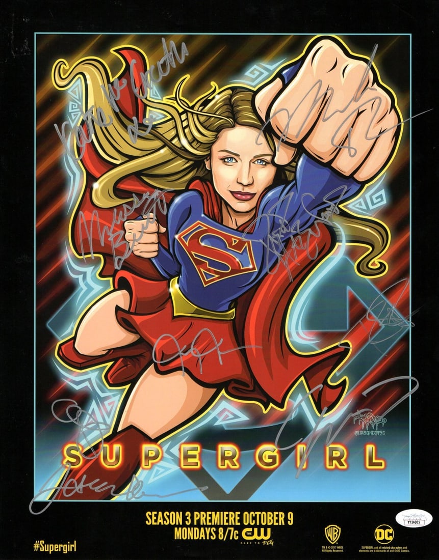 Supergirl cast signed 12X15 poster JSA authenticated: Supergirl cast signed 12X15 poster JSA authenticated This is a 12x15 inch poster from the television series Supergirl, autographed by nine cast members including Melissa Benoist, Jeremy Jordan, Mehcad
