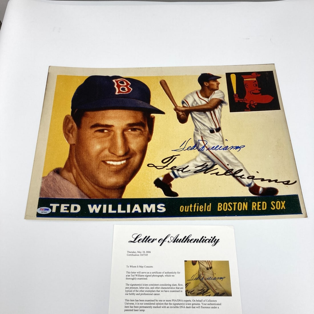 Ted Williams Signed 12x20 Photo PSA DNA COA Boston Red Sox: Ted Williams Signed 12x20 Photo PSA DNA COA Boston Red Sox Celebrate the legacy of Hall of Famer Ted Williams with this stunning signed 12x20-inch photo featuring his iconic 1955 Topps card. This orig