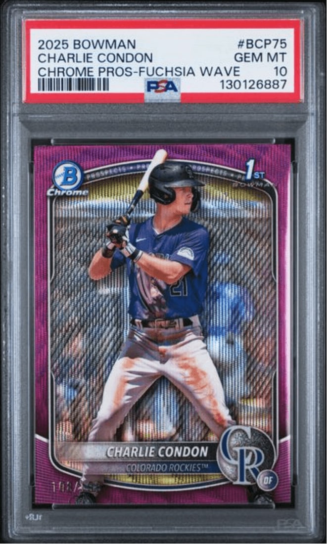 PSA 10 Charlie Condon Bowman Chrome Prospects Fuchsia Wave BCP75 Rookie: PSA 10 Charlie Condon Bowman Chrome Prospects Fuchsia Wave BCP75 Rookie This is a 2025 Bowman Chrome Prospects Fuchsia Wave #BCP75 rookie card featuring Charlie Condon of the Colorado Rockies. The car
