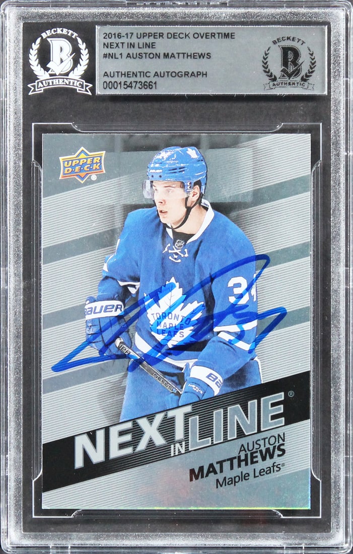 Auston Matthews Autographed 2016 Overtime Next In Line Rookie Card Beckett Authenticated: Auston Matthews Autographed 2016 Overtime Next In Line Rookie Card Beckett Authenticated This 2016 Upper Deck Overtime Next In Line #NL1 Rookie Card features the personal signature of Auston Matthews 