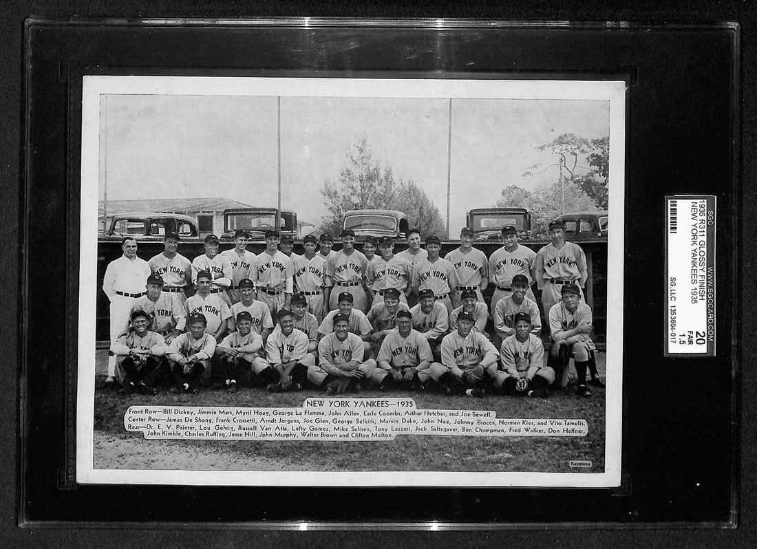 1935 Yankees R311 glossy team photo SGC 20: 1935 Yankees R311 glossy team photo SGC 20 This is an original 1935 New York Yankees black and white team photo, featuring the 1936 R311 glossy finish. The photograph has been graded SGC 20 Fair, refl