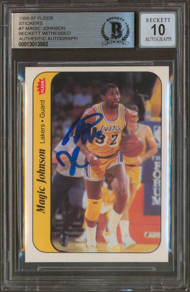 Magic Johnson 1986 Fleer Sticker #7 Signed Card Beckett Auto 10 Slab: Magic Johnson 1986 Fleer Sticker #7 Signed Card Beckett Auto 10 Slab This 1986 Fleer Stickers #7 basketball card features an autograph from Magic Johnson of the Los Angeles Lakers. The card has receiv