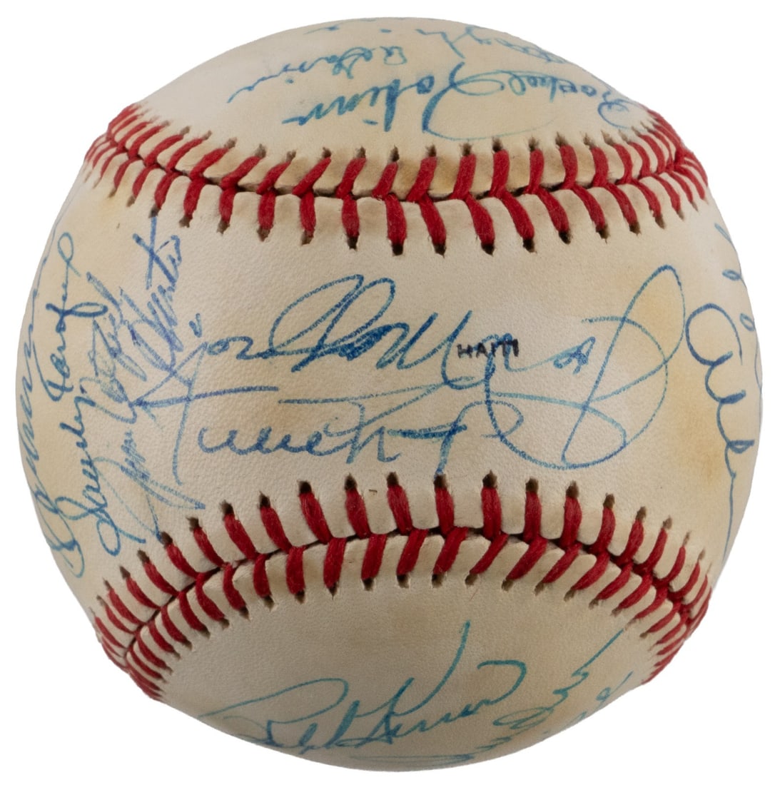 22-Signature Hall of Fame Weekend Baseball JSA LOA DiMaggio Mays Williams Koufax: 22-Signature Hall of Fame Weekend Baseball JSA LOA DiMaggio Mays Williams Koufax Multi-signed Hall of Fame Weekend baseball from the 1984-1986 era, featuring 22 signatures on a creamy to white ONL/Fee