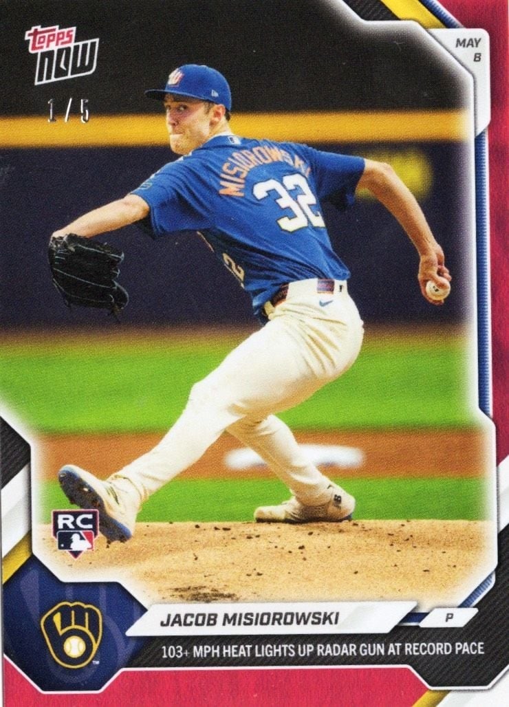 2026 Topps Now Jacob Misiorowski Red Foil Rookie Card 178 /5: 2026 Topps Now Jacob Misiorowski Red Foil Rookie Card 178 /5 This is a 2026 Topps Now Jacob Misiorowski #178 Red Foil Rookie baseball card featuring the Milwaukee Brewers player. The card showcases a 