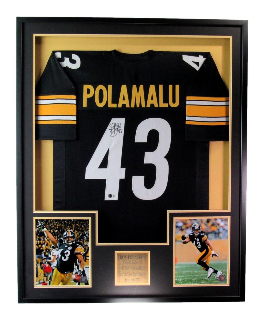 Troy Polamalu Signed Framed Steelers Jersey Beckett Authenticated: Troy Polamalu Signed Framed Steelers Jersey Beckett Authenticated Celebrate the legacy of Troy Polamalu with this Hall of Fame Pittsburgh Steelers signed football jersey, expertly framed for display. 