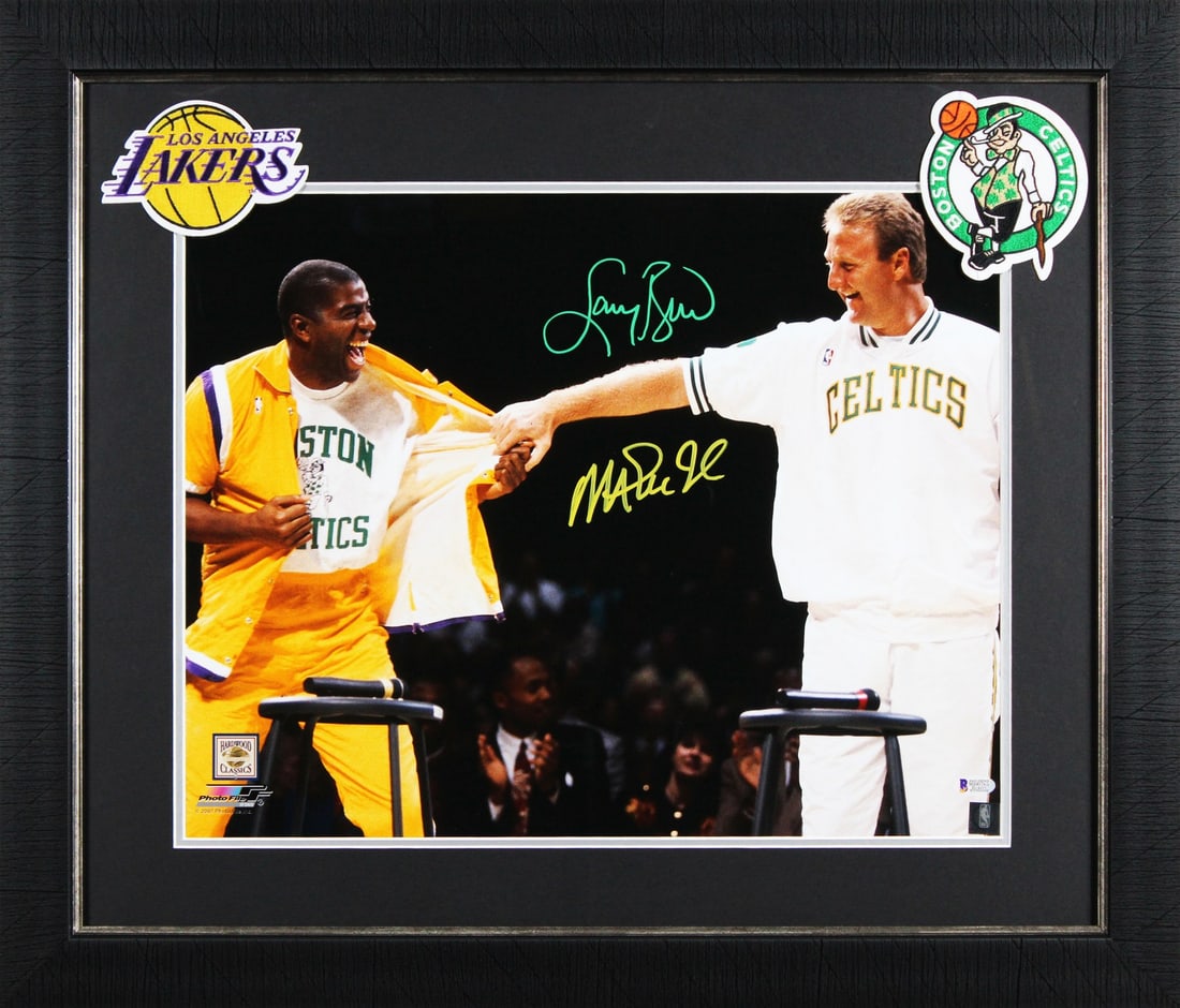 Magic Johnson Larry Bird Signed 16x20 Framed Retirement Photo BAS Witnessed: Magic Johnson Larry Bird Signed 16x20 Framed Retirement Photo BAS Witnessed Celebrate the iconic rivalry of basketball legends with this signed 16x20 framed retirement photo featuring Magic Johnson an