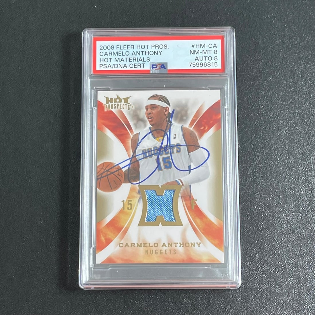 2008 Fleer Hot Prospects Carmelo Anthony Signed Card PSA 8 Nuggets: 2008 Fleer Hot Prospects Carmelo Anthony Signed Card PSA 8 Nuggets This is a 2008 Fleer Hot Prospects #HM-CA sports trading card featuring Carmelo Anthony, a renowned player from the Denver Nuggets. T