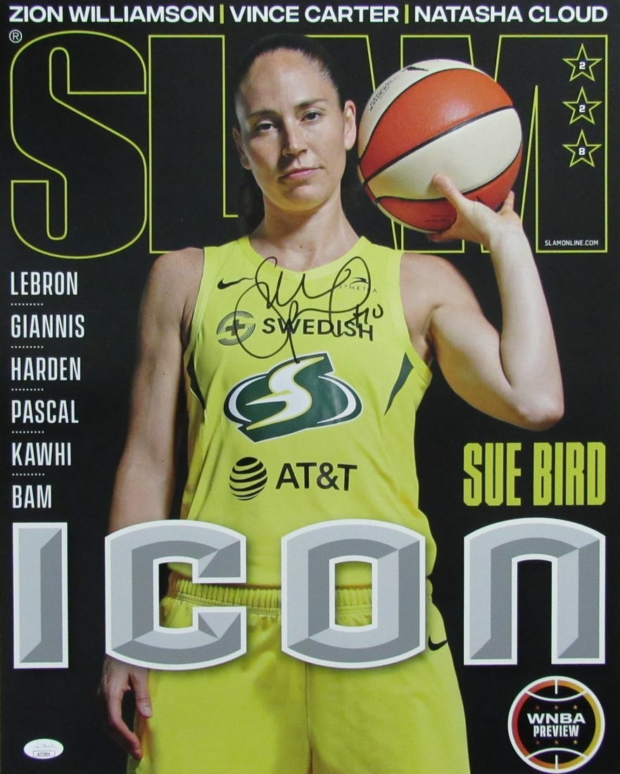 Sue Bird Autographed 16x20 SLAM Magazine Photo Seattle Storm JSA Certified: Sue Bird Autographed 16x20 SLAM Magazine Photo Seattle Storm JSA Certified This offering features a Sue Bird autographed 16x20 SLAM Magazine cover photo showcasing her time with the Seattle Storm. The