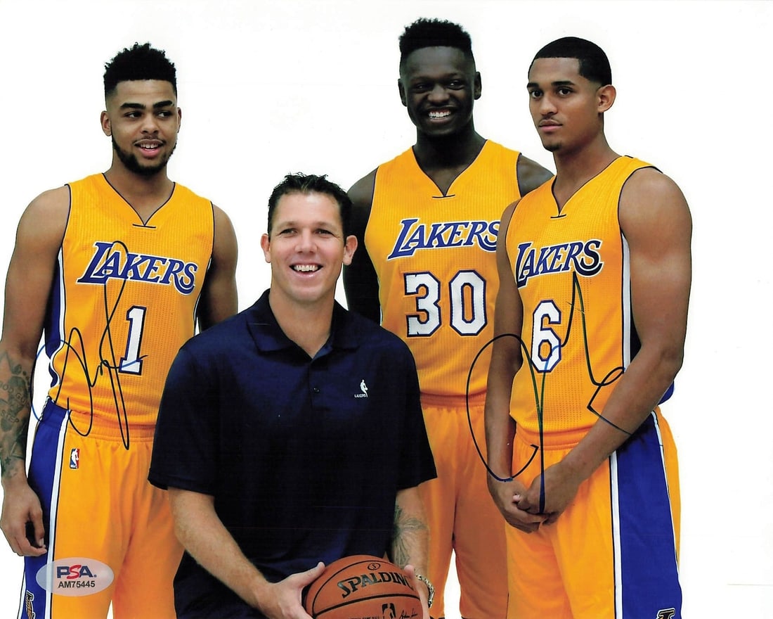 8x10 Lakers Photo Signed by D'Angelo Russell and Jordan Clarkson PSA/DNA Authenticated: 8x10 Lakers Photo Signed by D'Angelo Russell and Jordan Clarkson PSA/DNA Authenticated This is a professionally printed 8x10 photograph featuring the signatures of Jordan Clarkson and D'Angelo Russell