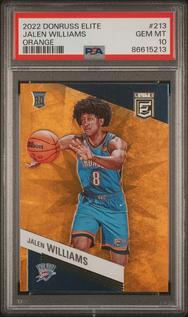 PSA 10 Jalen Williams 2022 Donruss Elite Orange Rookie Card: PSA 10 Jalen Williams 2022 Donruss Elite Orange Rookie Card This is a 2022 Donruss Elite Jalen Williams #213 Orange Rookie Card, professionally graded and encapsulated by Professional Sports Authentic