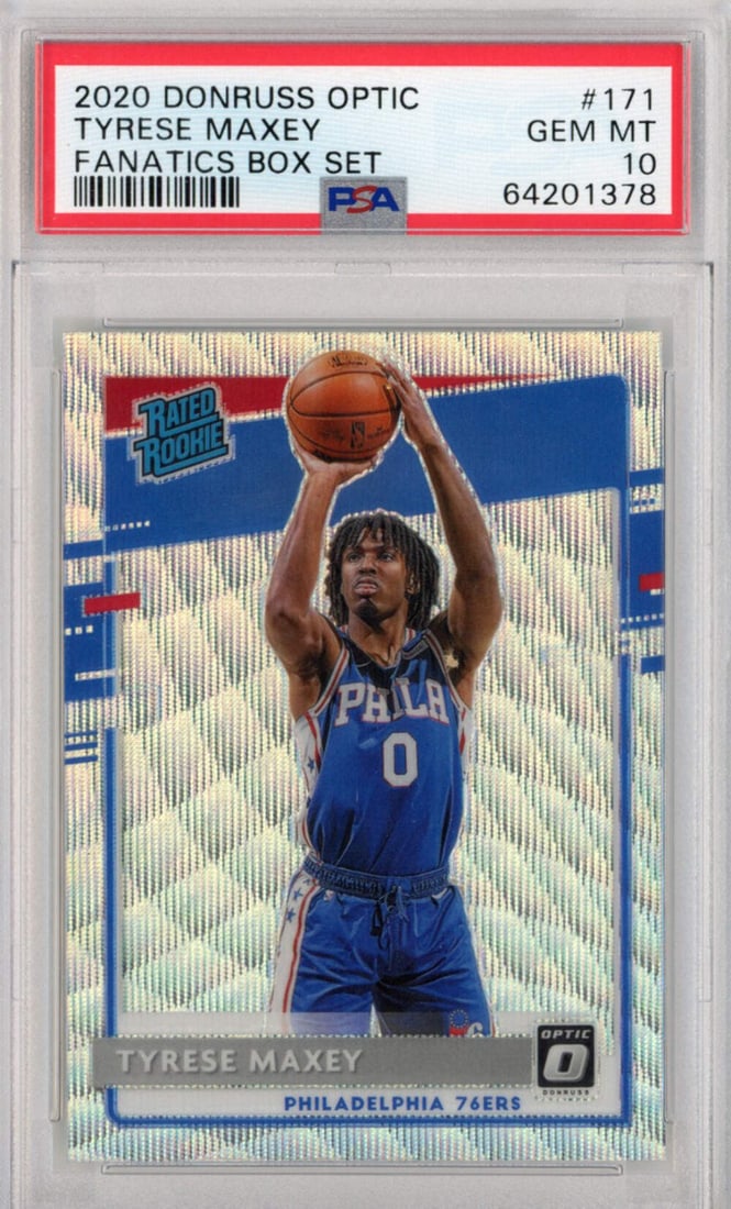 2020-21 Panini Donruss Optic Tyrese Maxey Rookie Card PSA 10: 2020-21 Panini Donruss Optic Tyrese Maxey Rookie Card PSA 10 This is a graded 2020-21 Panini Donruss Optic Tyrese Maxey Rookie Card, card number 171. It has received a grade of PSA 10 from the Profess