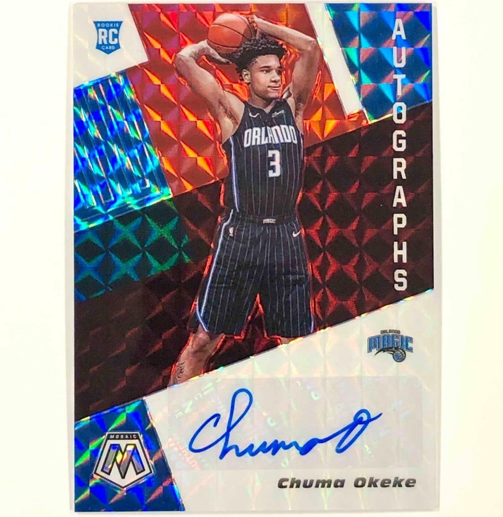 2019-20 Panini Mosaic Chuma Okeke RC Autograph Choice Fusion Red SP: 2019-20 Panini Mosaic Chuma Okeke RC Autograph Choice Fusion Red SP This 2019-20 Panini Mosaic Chuma Okeke rookie card features a Choice Fusion Red autograph, making it a standout addition for any bas