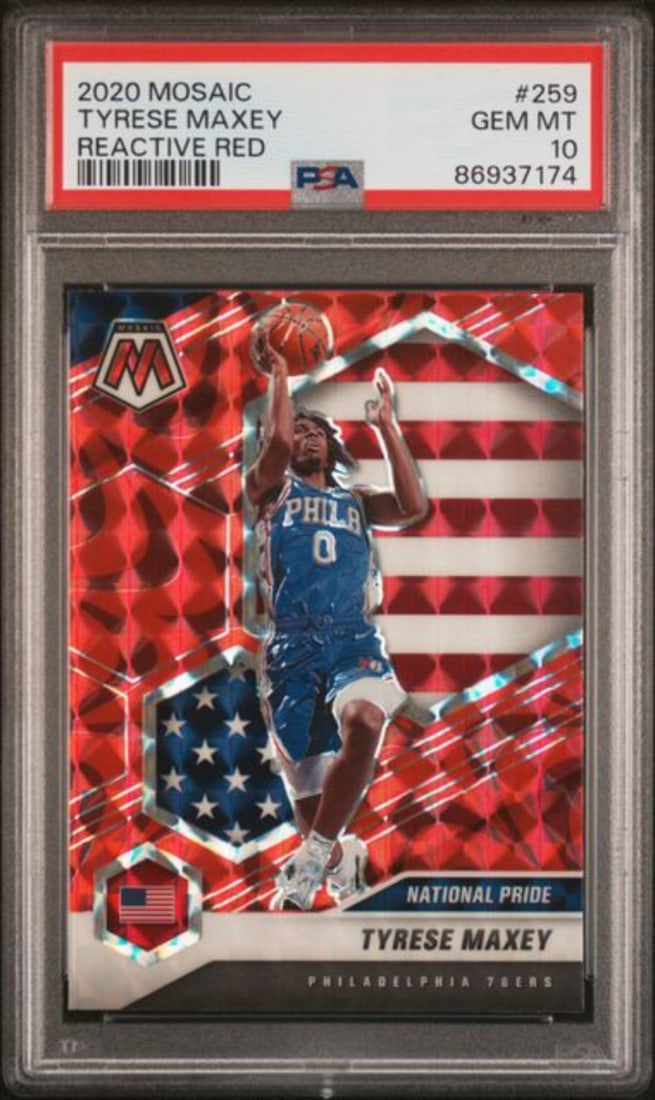 PSA 10 2020 Reactive Red Mosaic Tyrese Maxey Rookie Basketball Card #259: PSA 10 2020 Reactive Red Mosaic Tyrese Maxey Rookie Basketball Card #259 This is a 2020 Mosaic Tyrese Maxey #259 Reactive Red Rookie Card, graded PSA 10 by Professional Sports Authenticator. The card 