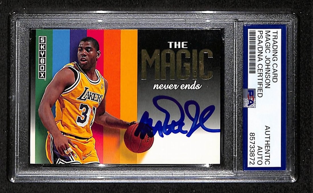 Magic Johnson 1992-93 Skybox Lakers Card PSA DNA Authenticated Autograph: Magic Johnson 1992-93 Skybox Lakers Card PSA DNA Authenticated Autograph This is an original 1992-93 Skybox basketball card featuring Magic Johnson of the Los Angeles Lakers, signed by the player. The