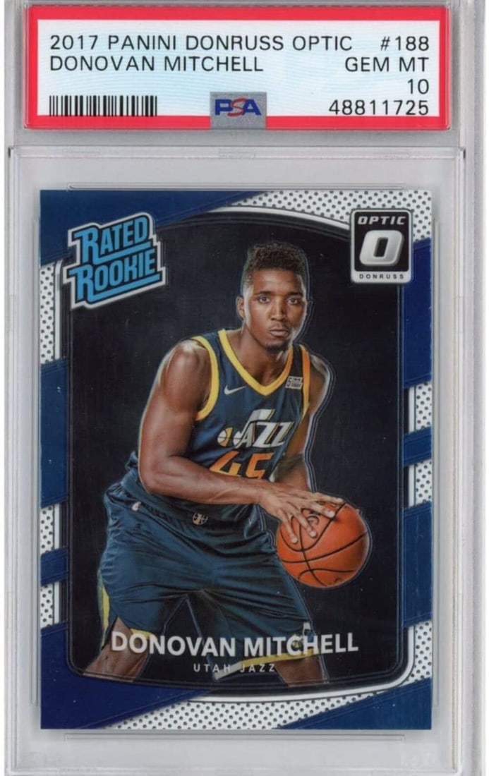 PSA 10 Donovan Mitchell 2017 Donruss Optic Rookie Basketball Card #188: PSA 10 Donovan Mitchell 2017 Donruss Optic Rookie Basketball Card #188 This is an original 2017-18 Panini Donruss Optic Donovan Mitchell #188 Rookie RC basketball card, graded PSA 10 by Professional S
