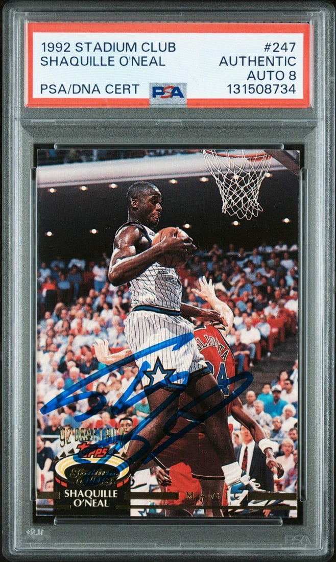 PSA 8 Shaquille O'Neal 1992-93 Stadium Club Rookie Card Auto #247: PSA 8 Shaquille O'Neal 1992-93 Stadium Club Rookie Card Auto #247 This is an original 1992-93 Stadium Club Shaquille O'Neal #247 rookie card that has been professionally graded and encapsulated by Pro