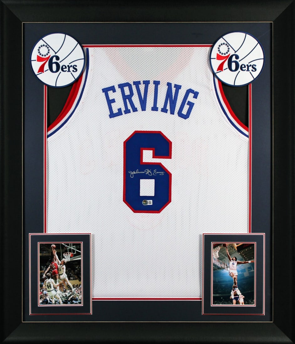 Framed White Jersey Signed by Julius Dr J Erving Beckett Authenticated (1 of 2)