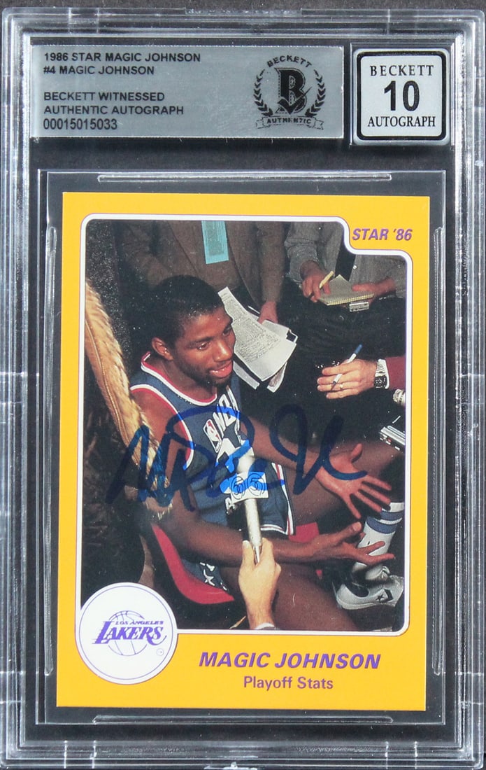 Magic Johnson Signed 1986 Star #4 Card Gem Mint 10 BAS Slabbed Lakers: Magic Johnson Signed 1986 Star #4 Card Gem Mint 10 BAS Slabbed Lakers This 1986 Star #4 card features an authentic autograph from basketball legend Magic Johnson, a key player for the Los Angeles Lake