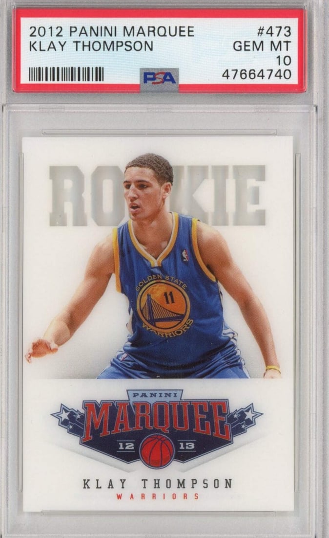 PSA 10 2012 Panini Marquee Klay Thompson Rookie Basketball Card #473: PSA 10 2012 Panini Marquee Klay Thompson Rookie Basketball Card #473 This is an original 2012-13 Panini Marquee Klay Thompson #473 rookie card, professionally graded by PSA with a Mint 10 rating. The 