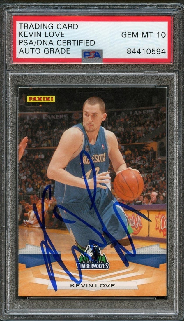 Kevin Love PSA/DNA Autographed 2009-10 Panini Basketball Card #214: Kevin Love PSA/DNA Autographed 2009-10 Panini Basketball Card #214 This is a 2009-10 Panini Basketball #214 trading card featuring Kevin Love, who played for the Minnesota Timberwolves. The card is ha