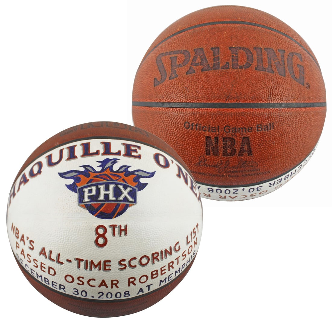 Game Ball From Shaquille O'Neal 8th Place NBA Scoring Milestone With Letter: Game Ball From Shaquille O'Neal 8th Place NBA Scoring Milestone With Letter This is a game-used Spalding Official NBA basketball from September 30th, 2008, played during the Phoenix Suns vs. Memphis G