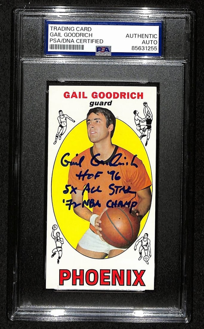 Gail Goodrich HOF Signed Inscribed 1969-70 TOPPS Rookie Card #2 PSA/DNA: Gail Goodrich HOF Signed Inscribed 1969-70 TOPPS Rookie Card #2 PSA/DNA This offering features a Gail Goodrich Hall of Fame signed and inscribed 1969-70 TOPPS Rookie Card #2 from the Phoenix Suns. The