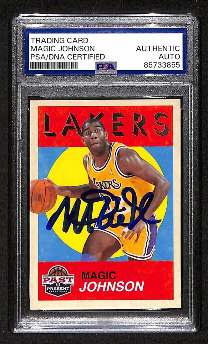 Magic Johnson Autographed 2012-13 Panini Card Lakers PSA DNA #30: Magic Johnson Autographed 2012-13 Panini Card Lakers PSA DNA #30 This is an original 2012-13 Panini basketball card featuring Magic Johnson of the Los Angeles Lakers. The card is number 30 in the set 
