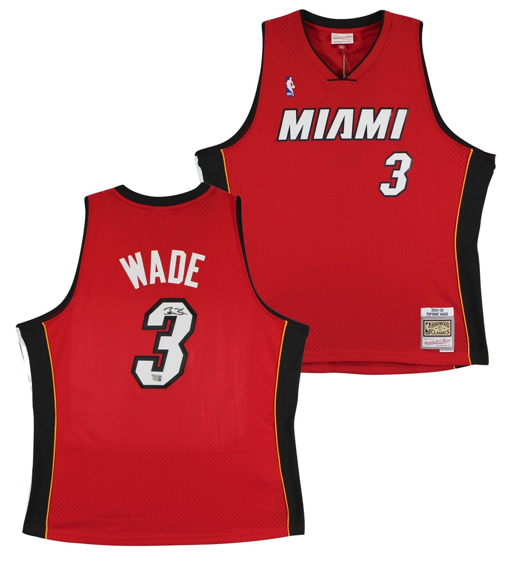 Dwyane Wade Signed 2005-06 Miami Heat Red Swingman Jersey Fanatics Authenticated: Dwyane Wade Signed 2005-06 Miami Heat Red Swingman Jersey Fanatics Authenticated This authentic 2005-06 red Mitchell & Ness Hardwood Classics Swingman jersey is personally signed by Dwyane Wade, the M