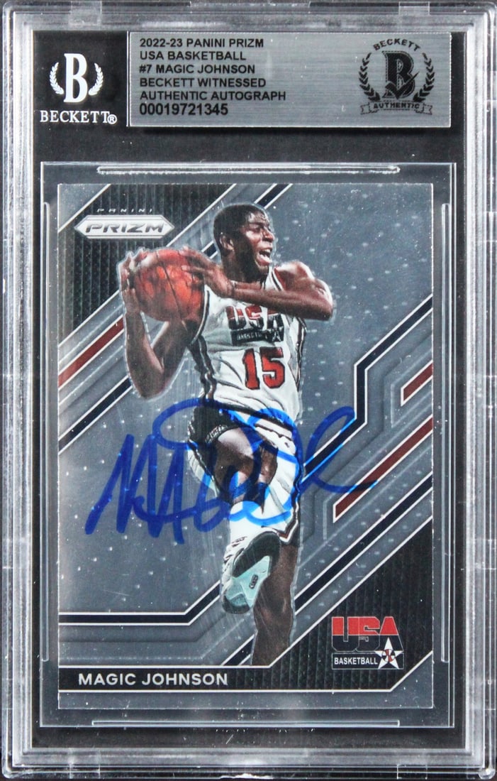 Magic Johnson Autographed 2022 Prizm USA Basketball Card Beckett Authenticated: Magic Johnson Autographed 2022 Prizm USA Basketball Card Beckett Authenticated This 2022 Panini Prizm USA Basketball #7 card has been personally signed by Magic Johnson of the Los Angeles Lakers. The 