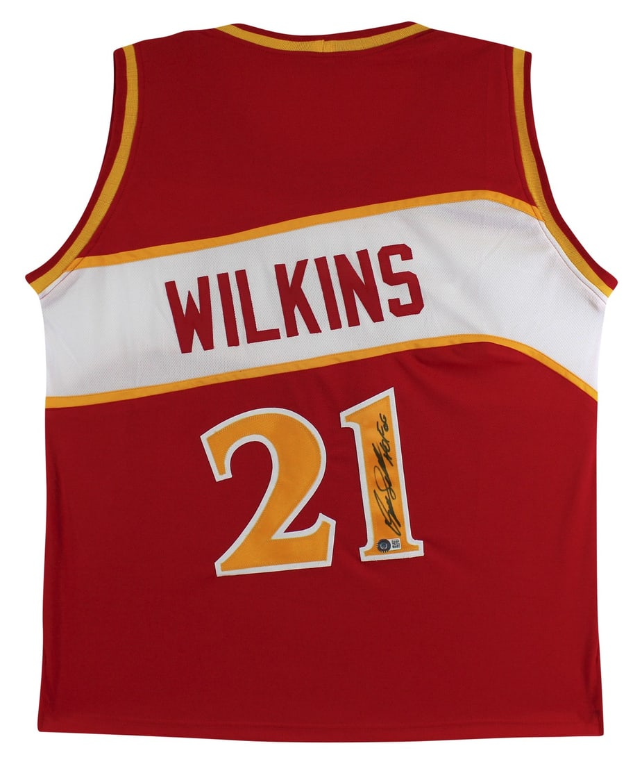 Dominique Wilkins signed Atlanta Hawks red pro style jersey HOF 06 Beckett: Dominique Wilkins signed Atlanta Hawks red pro style jersey HOF 06 Beckett This red pro style jersey has been personally autographed by Dominique Wilkins of the Atlanta Hawks, featuring the inscriptio