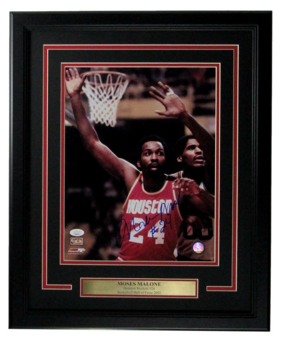 Moses Malone HOF Autographed 16x20 Photo Framed JSA Authenticated Houston Rockets: Moses Malone HOF Autographed 16x20 Photo Framed JSA Authenticated Houston Rockets This is a Moses Malone Hall of Fame Houston Rockets autographed 16x20 photo, beautifully framed to enhance its present