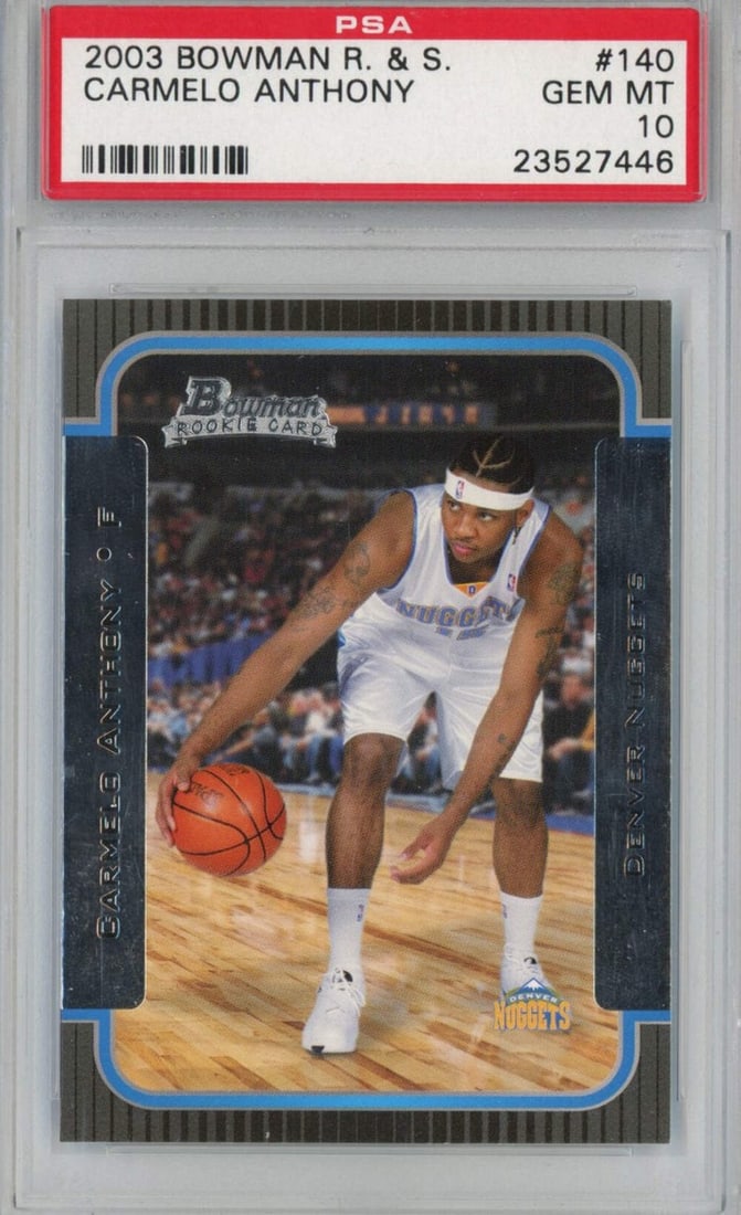 2003-04 Bowman Rookies & Stars Carmelo Anthony #140 PSA 10 Basketball Card: 2003-04 Bowman Rookies & Stars Carmelo Anthony #140 PSA 10 Basketball Card This is a 2003-04 Bowman Rookies & Stars Carmelo Anthony #140 Rookie Card, graded PSA 10, indicating its excellent condition.