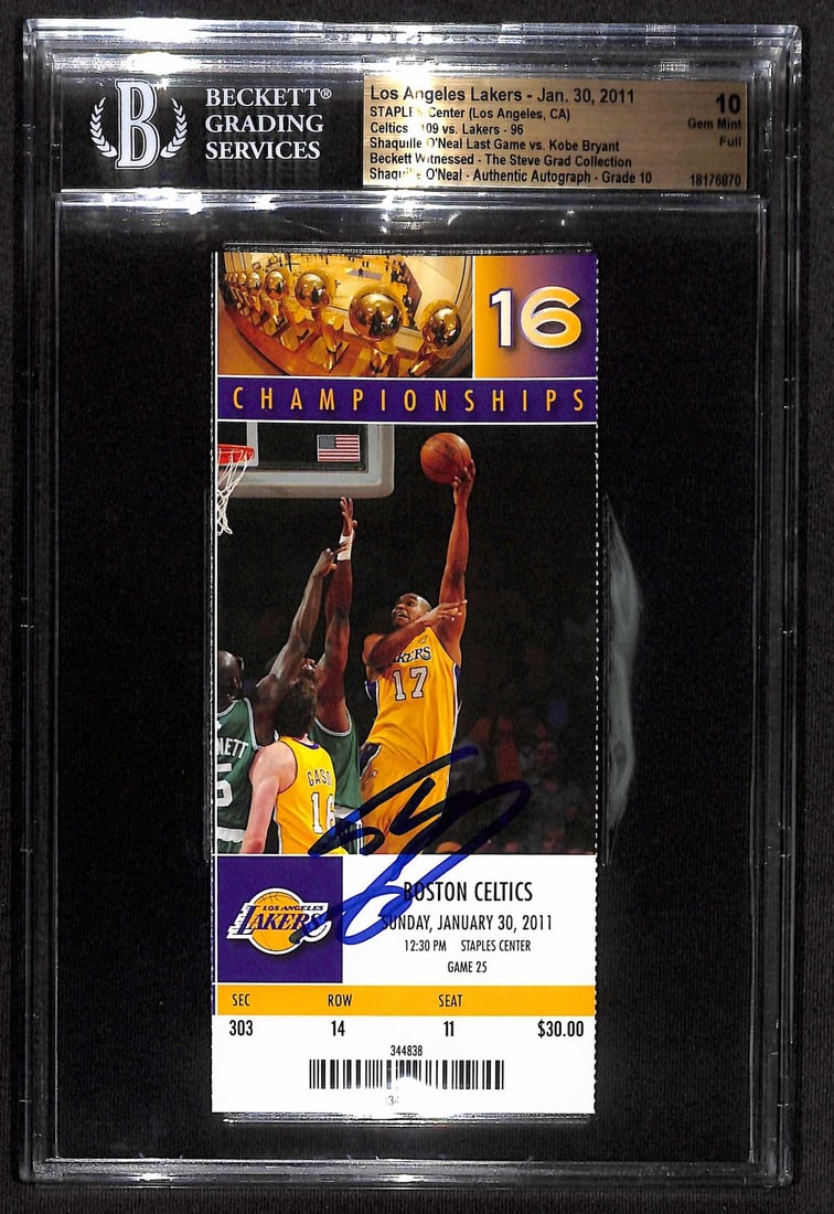 Beckett authenticated Shaquille ONeal 2011 Lakers Celtics full game ticket: Beckett authenticated Shaquille ONeal 2011 Lakers Celtics full game ticket This is a full game ticket from the January 30, 2011 Los Angeles Lakers vs. Boston Celtics matchup at Staples Center, persona