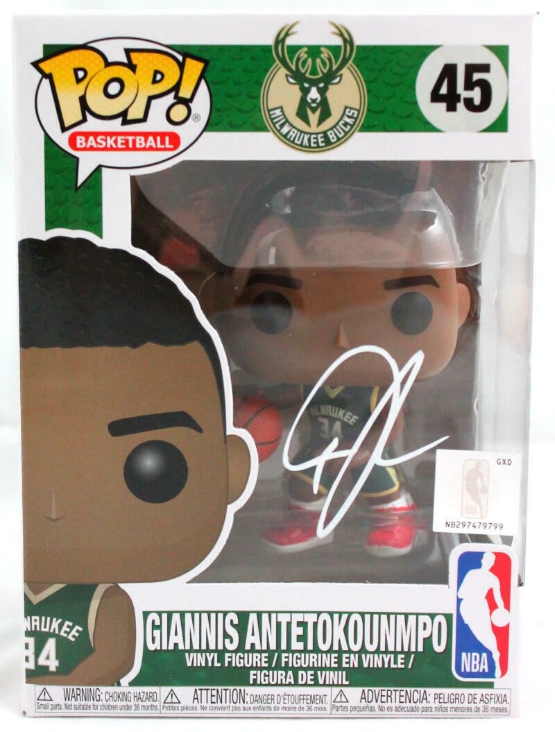Funko Pop Giannis Antetokounmpo signed vinyl figure Beckett W Holo: Funko Pop Giannis Antetokounmpo signed vinyl figure Beckett W Holo This is a pre-owned Funko Pop! Pez vinyl figure featuring Giannis Antetokounmpo of the Milwaukee Bucks. The figurine is signed by Gia