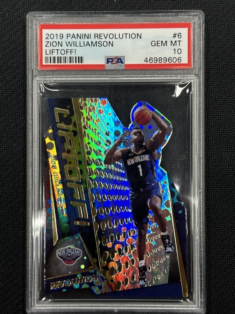 Zion Williamson 2019-20 Panini Revolution Liftoff Die Cut PSA 10: Zion Williamson 2019-20 Panini Revolution Liftoff Die Cut PSA 10 This 2019-20 Panini Revolution Liftoff Die Cut basketball card features Zion Williamson, a standout player for the New Orleans Pelicans