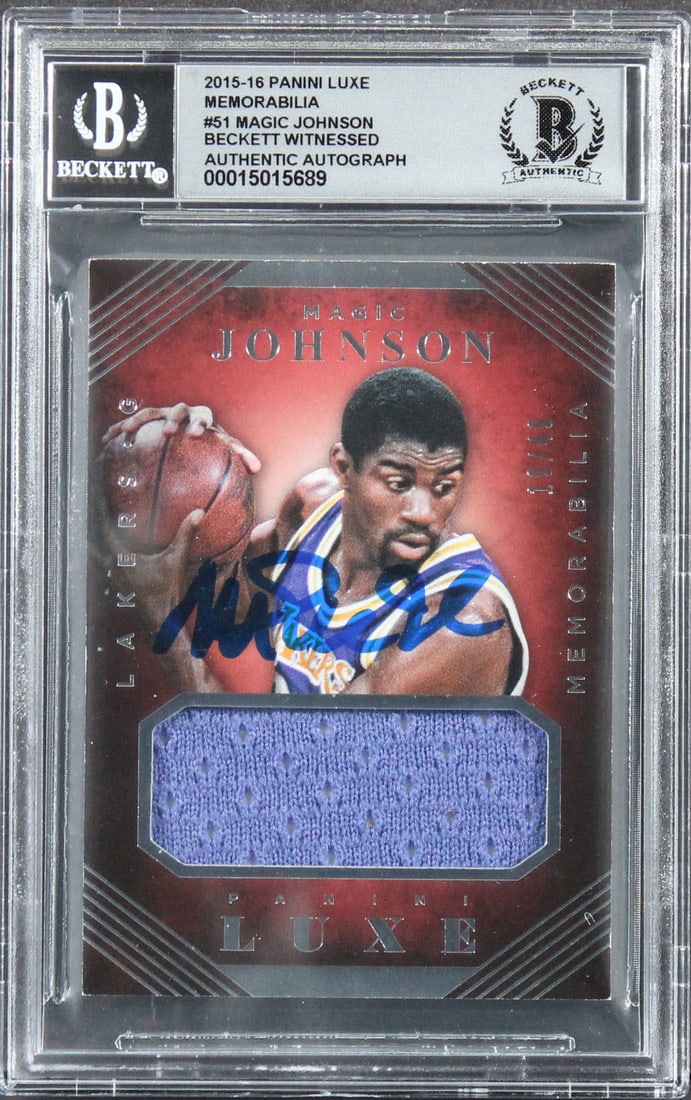 2015 Panini Luxe #51 Magic Johnson Autograph Card Beckett Slabbed Gem Mint 10: 2015 Panini Luxe #51 Magic Johnson Autograph Card Beckett Slabbed Gem Mint 10 This is a 2015 Panini Luxe Memorabilia #51 trading card, numbered 19 out of 49, featuring Magic Johnson of the Los Angeles