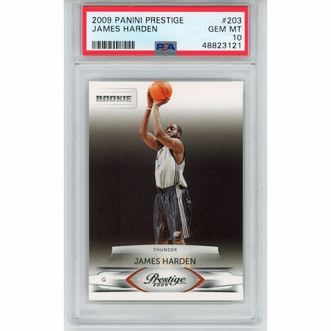 2009-10 Panini Prestige James Harden Rookie Card PSA 10 Autographed: 2009-10 Panini Prestige James Harden Rookie Card PSA 10 Autographed This graded 2009-10 Panini Prestige James Harden #203 rookie basketball card is a must-have for any collector. It is autographed by 