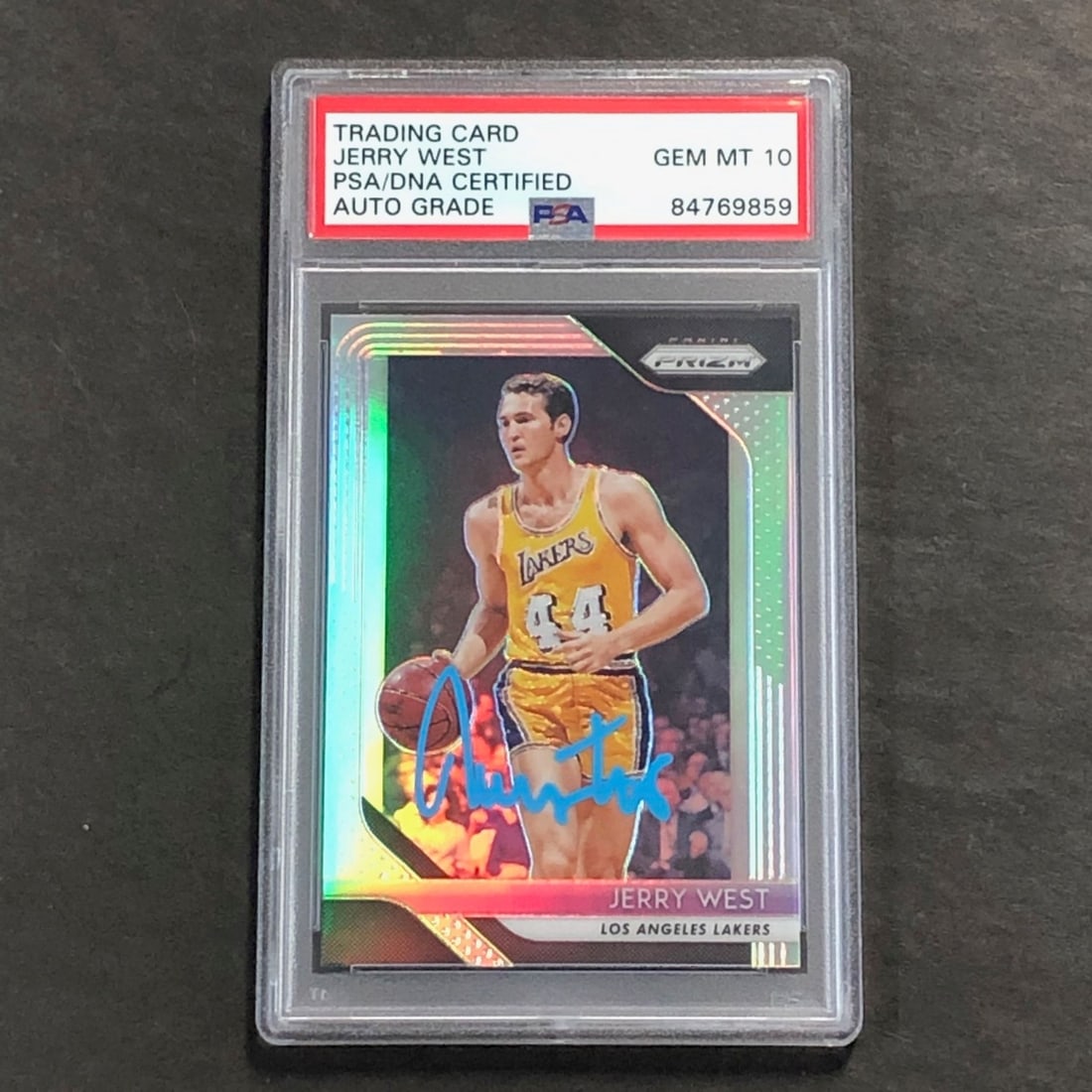 PSA 10 Jerry West Signed 2018-19 Prizm #145 Silver Card: PSA 10 Jerry West Signed 2018-19 Prizm #145 Silver Card This is a 2018-19 Panini Prizm Silver #145 trading card featuring Jerry West. The card has been hand-signed by Jerry West, and the autograph has