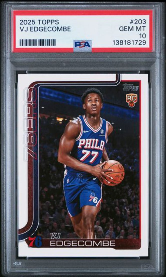 PSA 10 Gem Mint 2025 Topps VJ Edgecombe Rookie Basketball Card #203: PSA 10 Gem Mint 2025 Topps VJ Edgecombe Rookie Basketball Card #203 This is a 2025 Topps VJ Edgecombe #203 Rookie RC basketball card, professionally graded and encapsulated by Professional Sports Auth