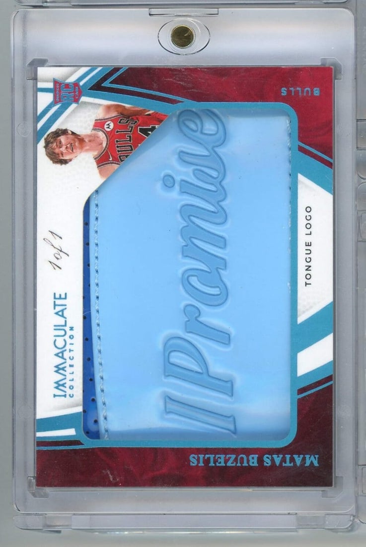 Matas Buzelis Sneak Peek Tongue Rookie 1 of 1 NBA Card: Matas Buzelis Sneak Peek Tongue Rookie 1 of 1 NBA Card This is an original 2024 Panini Immaculate Sneak Peek Tongue Rookie Card featuring Matas Buzelis of the Chicago Bulls. The card is authenticated 