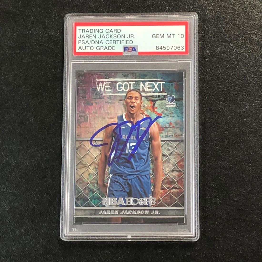 PSA 10 Jaren Jackson Jr. autographed NBA Hoops WGN-4 card: PSA 10 Jaren Jackson Jr. autographed NBA Hoops WGN-4 card This is a 2018-19 NBA Hoops We Got Next #WGN-4 trading card featuring Jaren Jackson Jr. of the Memphis Grizzlies. The card is hand-signed by J