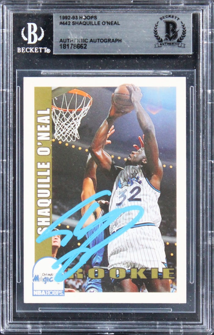 Shaquille O'Neal Signed 1992 Hoops Rookie Card BAS Authenticated: Shaquille O'Neal Signed 1992 Hoops Rookie Card BAS Authenticated This authentic 1992 Hoops #442 rookie card has been personally signed by basketball legend Shaquille O'Neal, showcasing his connection 