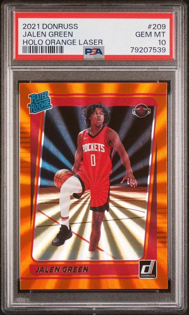 2021 Donruss Jalen Green #209 Holo Orange Laser RC PSA 10 Basketball Card: 2021 Donruss Jalen Green #209 Holo Orange Laser RC PSA 10 Basketball Card Discover the exceptional 2021 Donruss Jalen Green #209 Holo Orange Laser RC Basketball Card, graded PSA 10. This original card