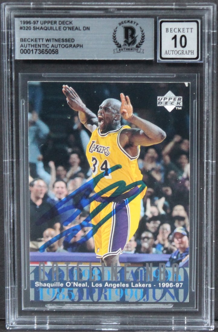 Shaquille O'Neal Autographed 1996 Upper Deck Card #320 Gem Mint 10 Beckett Slab: Shaquille O'Neal Autographed 1996 Upper Deck Card #320 Gem Mint 10 Beckett Slab This is an original 1996 Upper Deck #320 basketball card featuring Shaquille O'Neal of the Los Angeles Lakers. The card 
