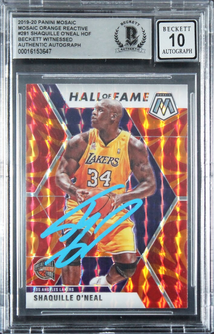 Shaquille O'Neal signed 2019 Panini Mosaic Orange Reactive #281 BAS slab: Shaquille O'Neal signed 2019 Panini Mosaic Orange Reactive #281 BAS slab This 2019 Panini Mosaic Orange Reactive #281 basketball card features Shaquille O'Neal of the Los Angeles Lakers. The card has 