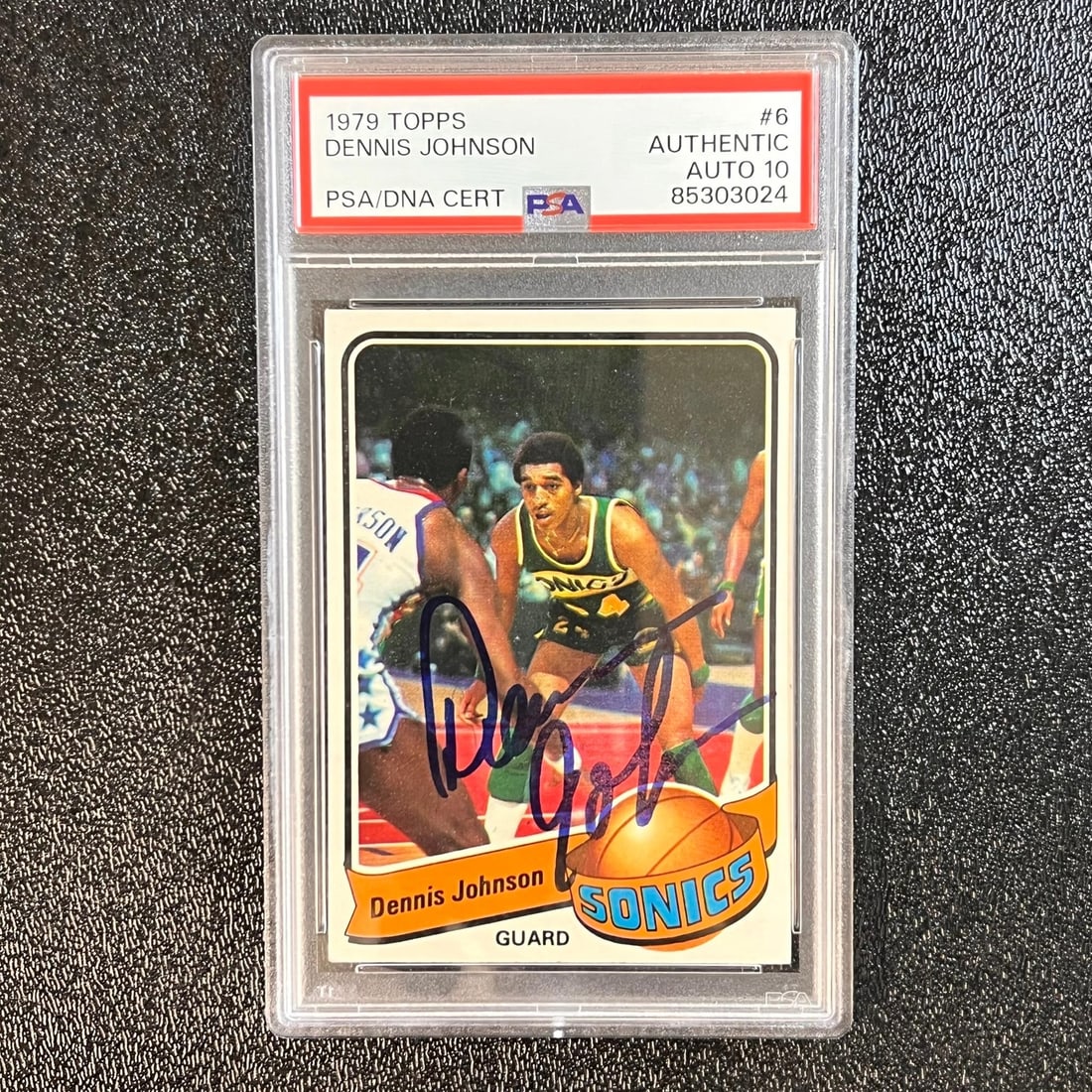 1979-80 Topps #6 Dennis Johnson Autographed Card PSA/DNA Supersonics: 1979-80 Topps #6 Dennis Johnson Autographed Card PSA/DNA Supersonics This is a 1979-80 Topps #6 sports trading card featuring the legendary Dennis Johnson, a prominent player for the Seattle Supersoni