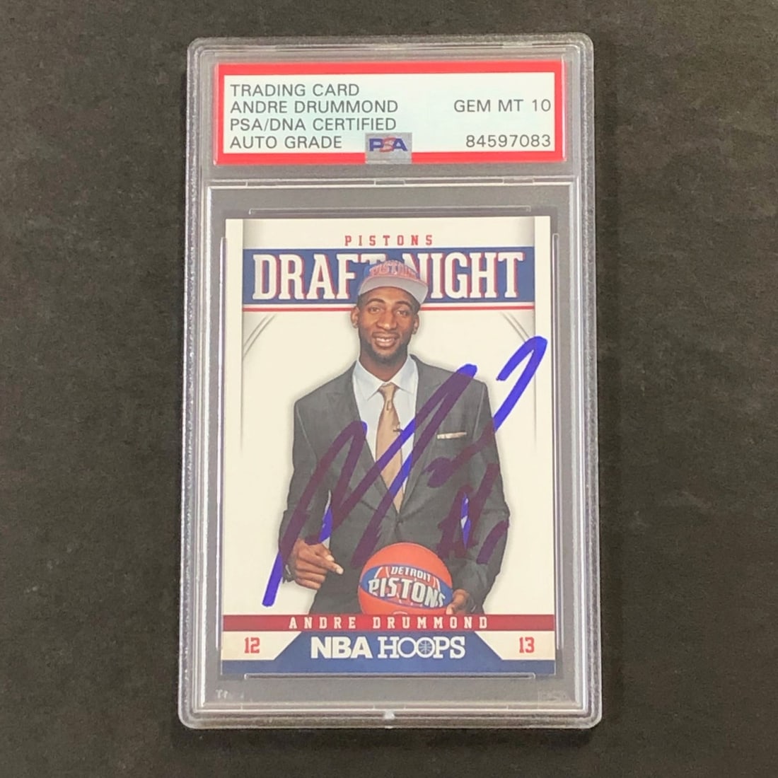 2012-13 NBA Hoops Andre Drummond Signed Card AUTO 10 PSA/DNA: 2012-13 NBA Hoops Andre Drummond Signed Card AUTO 10 PSA/DNA This is a 2012-13 NBA Hoops Draft Night #9 trading card featuring the signature of Andre Drummond, a notable player for the Detroit Pistons