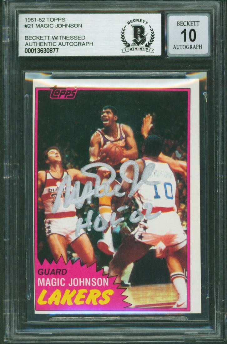 Magic Johnson Signed 1981 Topps #21 Card Auto 10 HOF 02 Beckett Authenticated: Magic Johnson Signed 1981 Topps #21 Card Auto 10 HOF 02 Beckett Authenticated This is a 1981 Topps #21 basketball card featuring Magic Johnson, personally signed by the Hall of Famer with the inscript