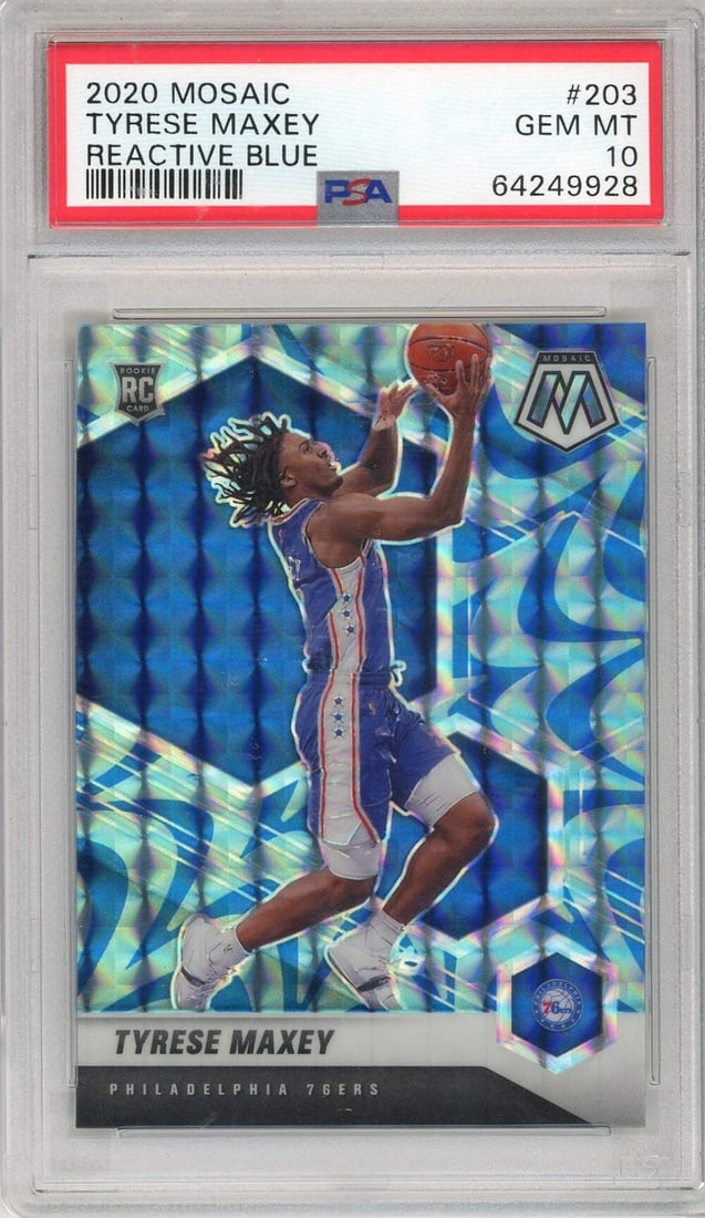 2020 Panini Mosaic Tyrese Maxey #203 Reactive Blue PSA 10 Basketball Card: 2020 Panini Mosaic Tyrese Maxey #203 Reactive Blue PSA 10 Basketball Card This is a 2020 Panini Mosaic Tyrese Maxey #203 Reactive Blue Basketball Card, graded PSA 10, ensuring its exceptional quality 