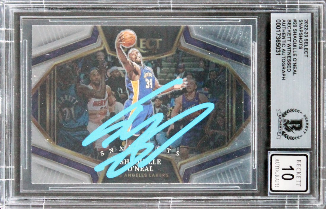 Shaquille O'Neal Auto 2022 Select Snapshots Card BAS Slabbed Gem Mint 10: Shaquille O'Neal Auto 2022 Select Snapshots Card BAS Slabbed Gem Mint 10 This is an autographed 2022 Select Snapshots #20 basketball trading card featuring Shaquille O'Neal of the Los Angeles Lakers. 